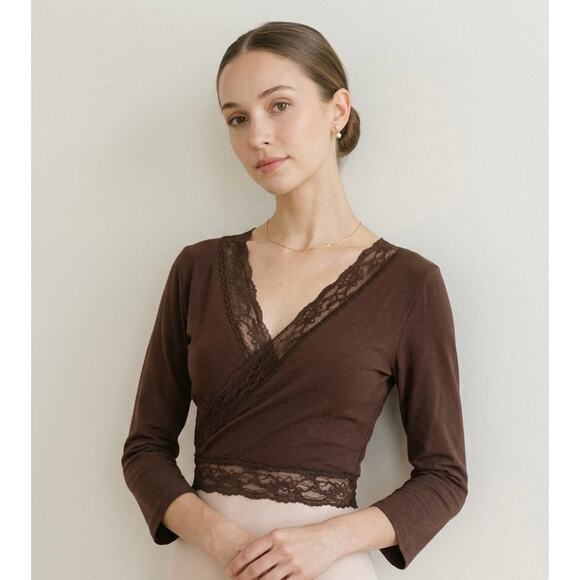 Jason Maxwell Tops - Y2K Brown Wrap Top Lace Balletcore Soft Girl Cropped L Ballerina Jason Maxwell